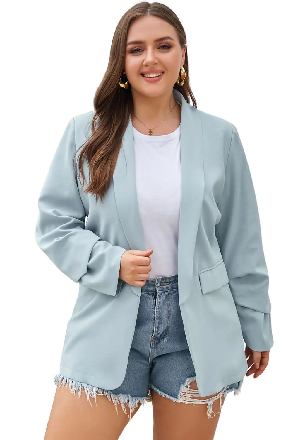 Sky blue plus size lapel blazer - Love Salve